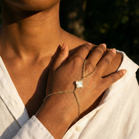 Hand chain - Gold Chain & White and Gold Clover Leaf -