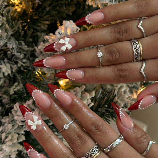 Press On Nails Small Red Almond French With a Bow - Reusable -