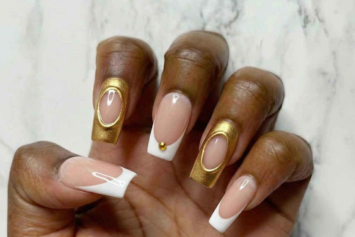 Press On Nail Medium White French Tips & Gold Nail Arts