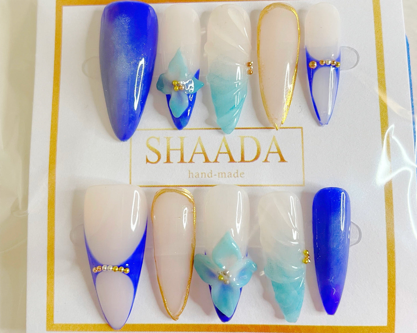 Customized Press On Nail Art, Blue Size M Length Medium