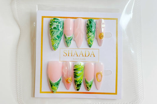 Customized Press On Nail Art, Green Size M Length Medium