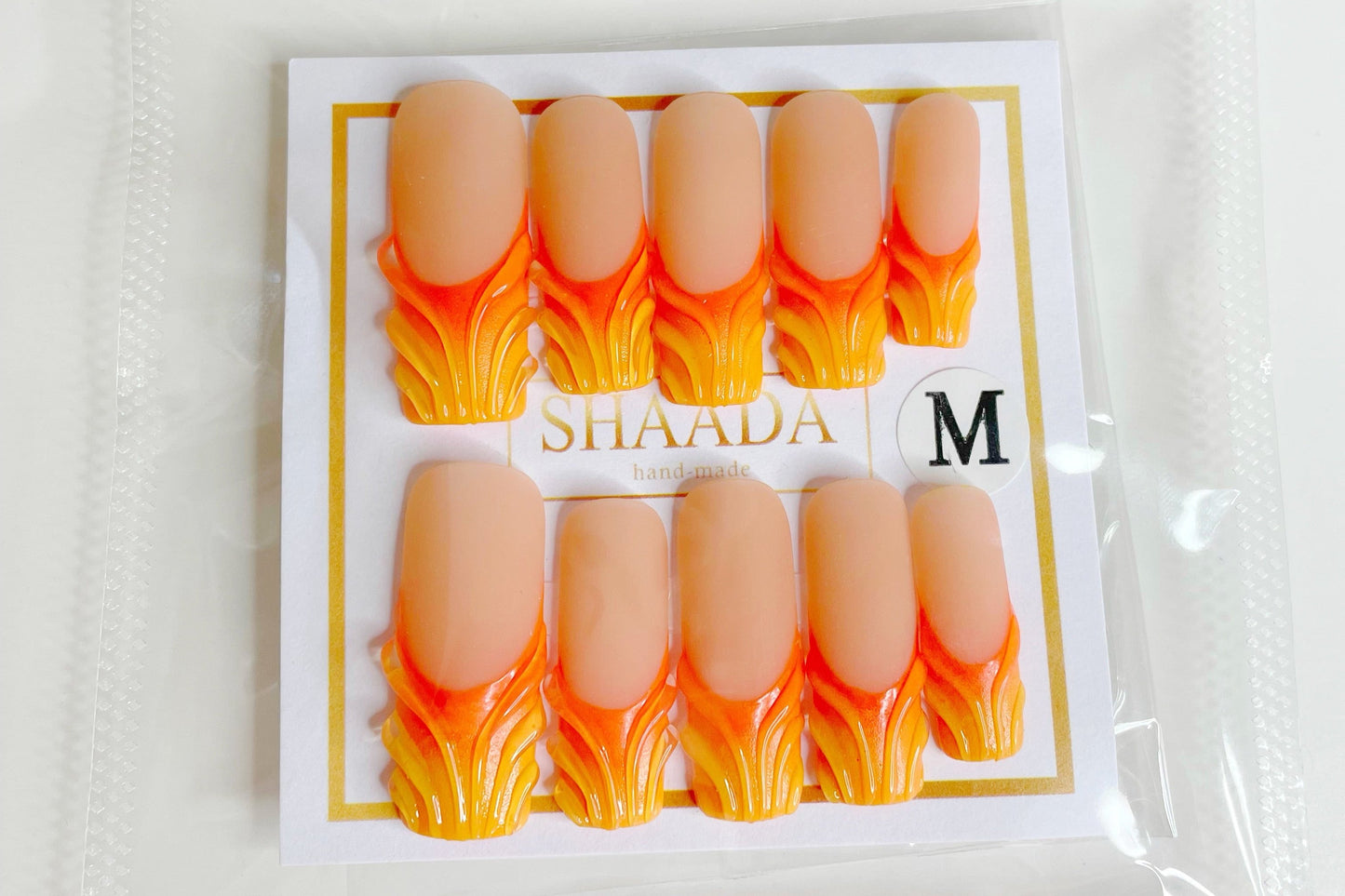 Customized Press On Nail Art, 3D Reliefs Orange French Size M Length Medium