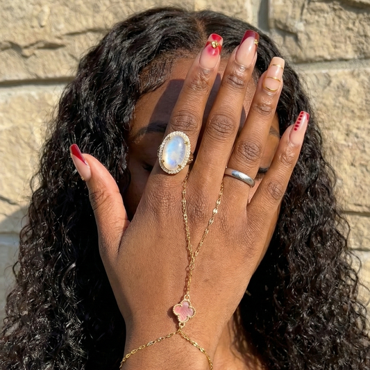 Hand chain - Gold Chain & Pink Clover Leaf -