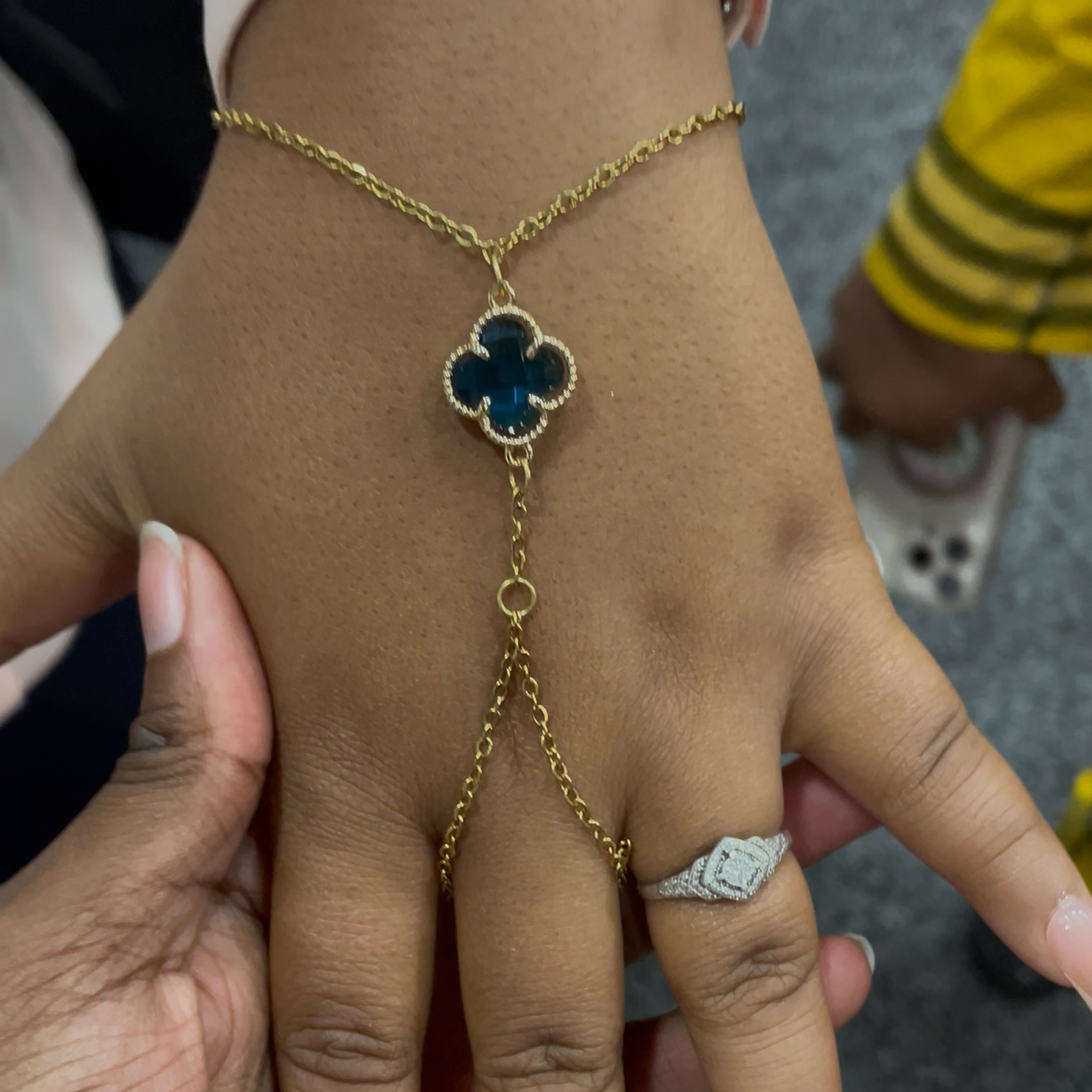 Hand chain - Gold Chain & Blue Clover Leaf -