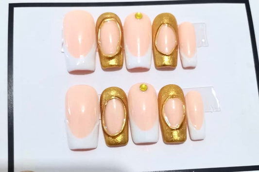 Press On Nail Medium White French Tips & Gold Nail Arts