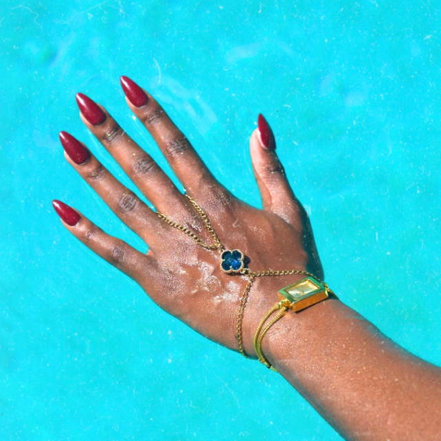 Hand chain - Gold Chain & Blue Clover Leaf -