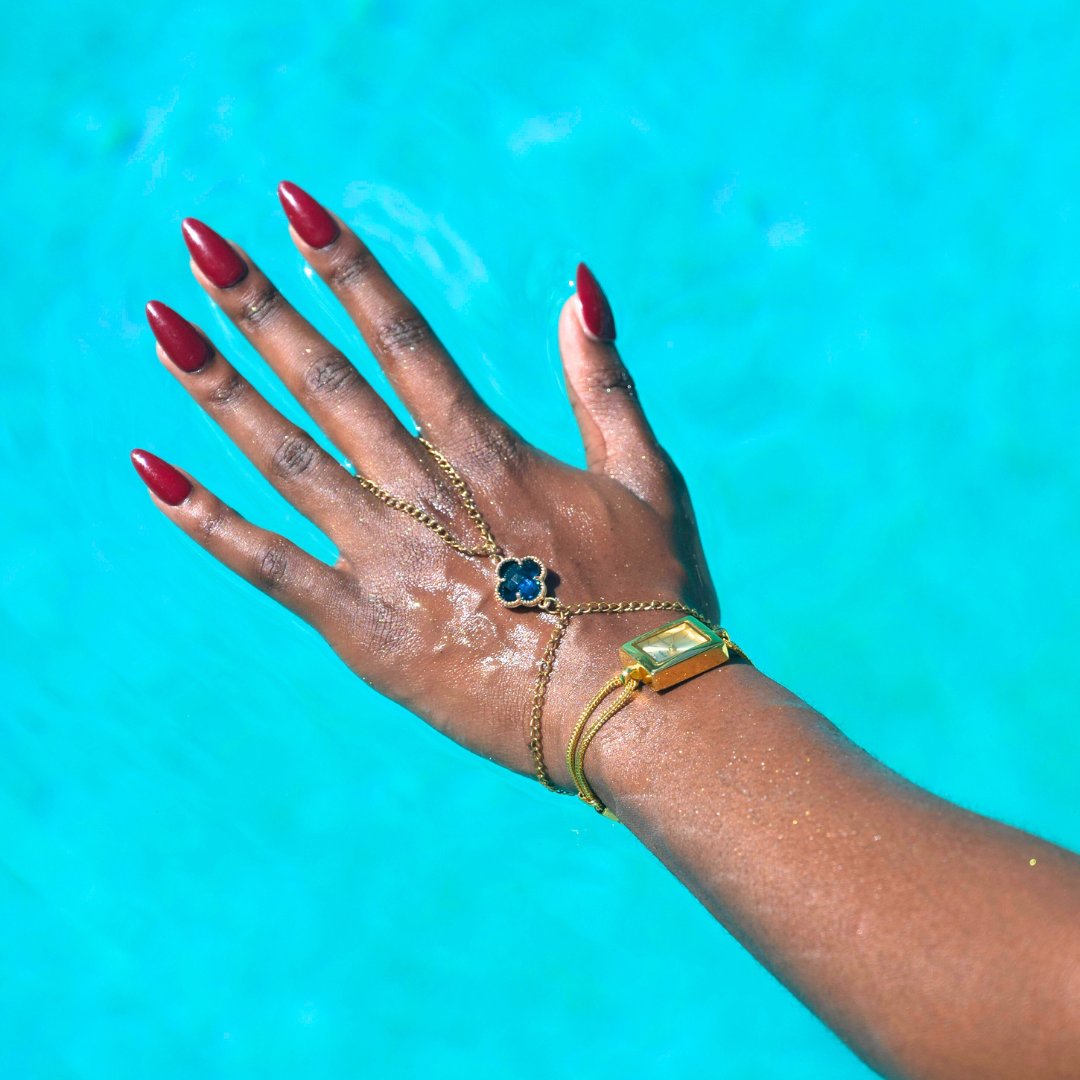 Hand chain - Gold Chain & Blue Clover Leaf -