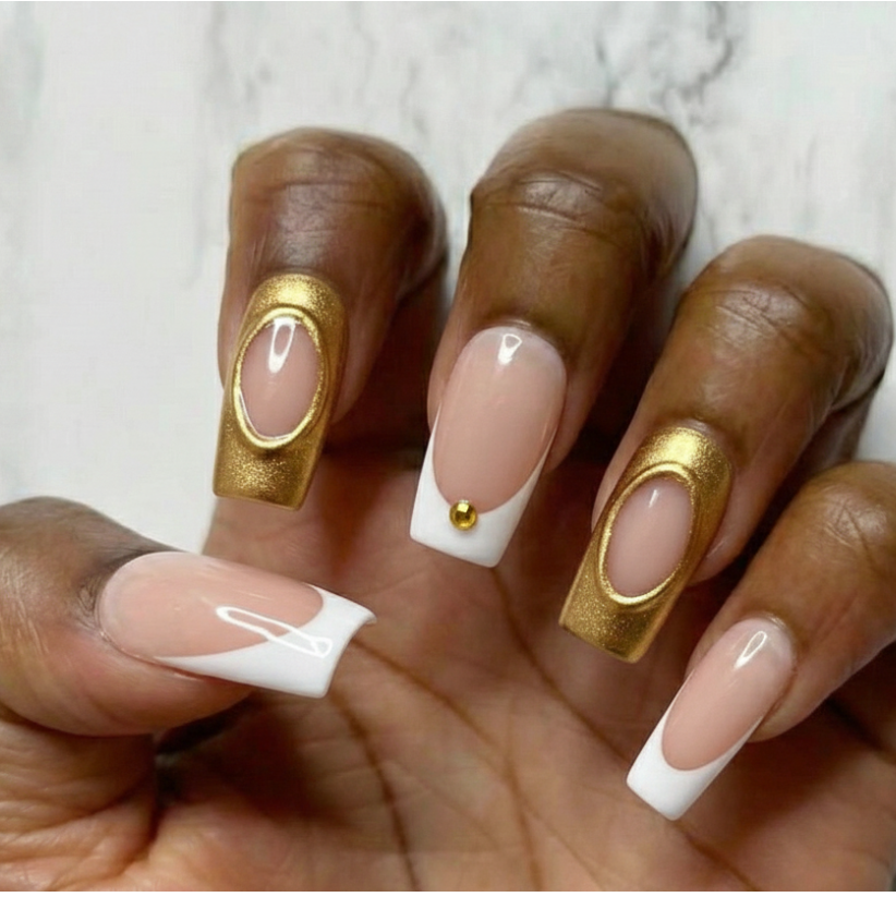 Press On Nail Medium White French Tips & Gold Nail Arts